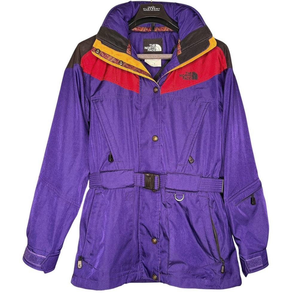 The North Face Ski Snow Parka Women 8 Belted Hooded Nylon Aztec Retro 90s VTG